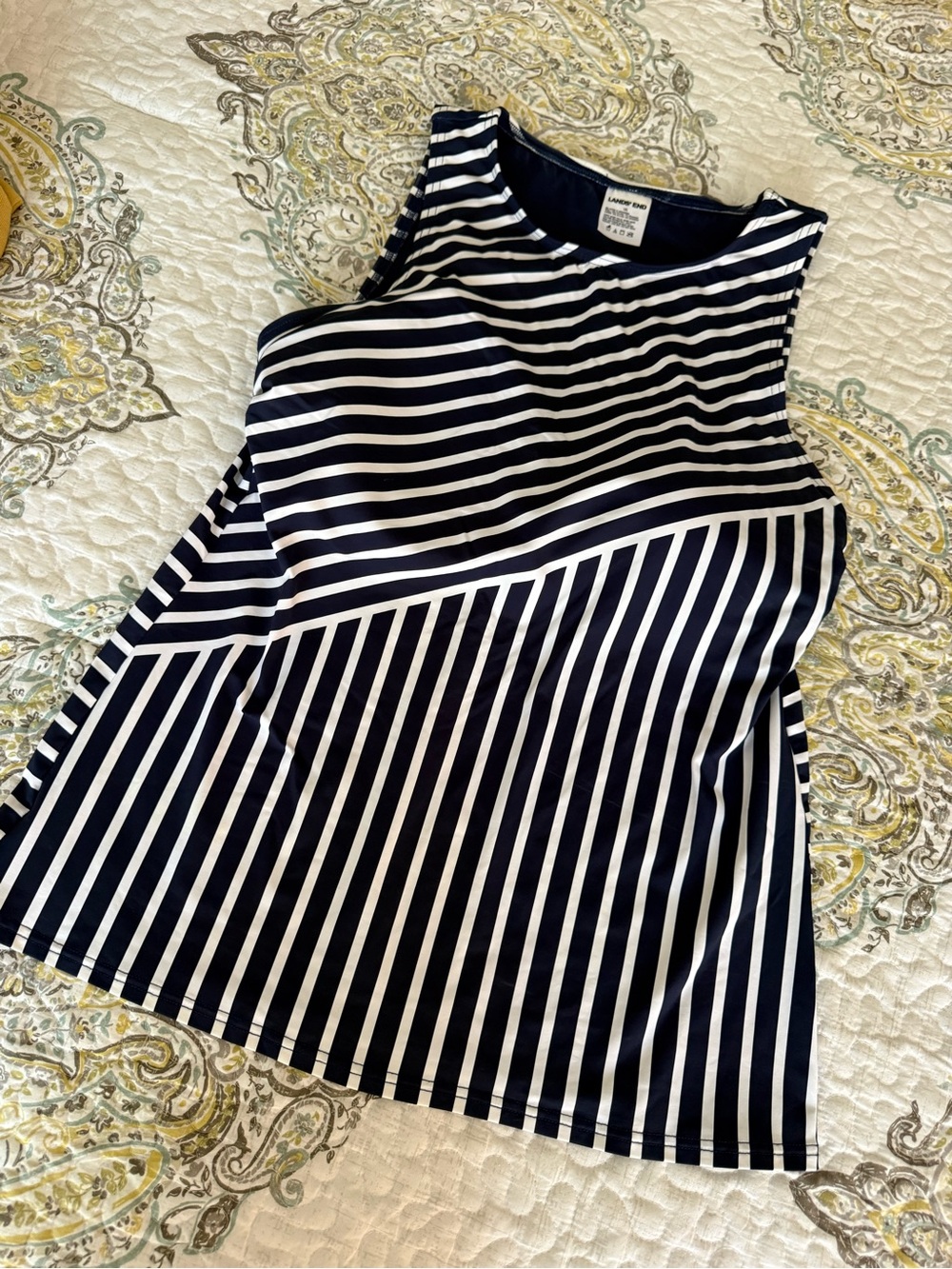Lands' End Navy and White Striped Sleeveless Swim Tank — TOP ONLY